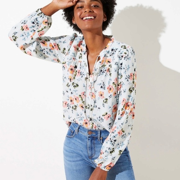 LOFT | Light Blue Floral Split Neck Long Sleeve Blouse *NWT* - Picture 1 of 13